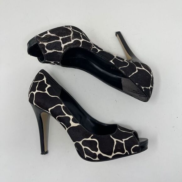 Nine West Women's Stiletto Calf Hair Giraffe Peep Toe Heels Black White Size 7.5 - Picture 5 of 10